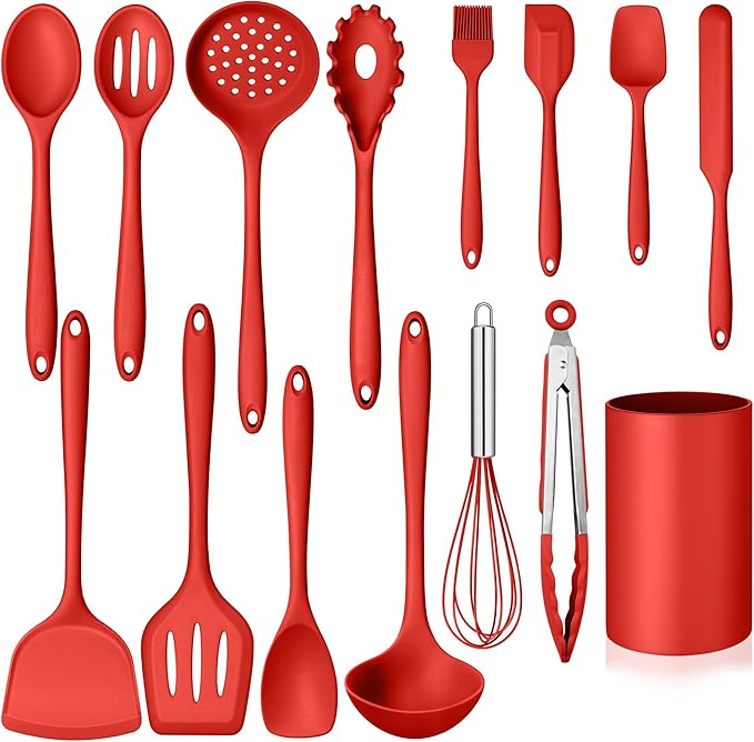 Homikit Kitchen Cooking Utensils Set, 15-Piece Silicone Spatula with Holder | Silicone Kitchen Utensil for Nonstick Cookware, 446°F Heat Resistant Spoon Turner Tong Whisk Brush for Cooking & Baking, Red