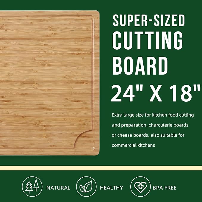 GarveeHome 24 in Extra Large Bamboo Cutting Board for Kitchen, Heavy Duty Wood Kitchen Stovetop Cover Chopping Board with Side Handles and Juice Groove, 100% Organic Bamboo