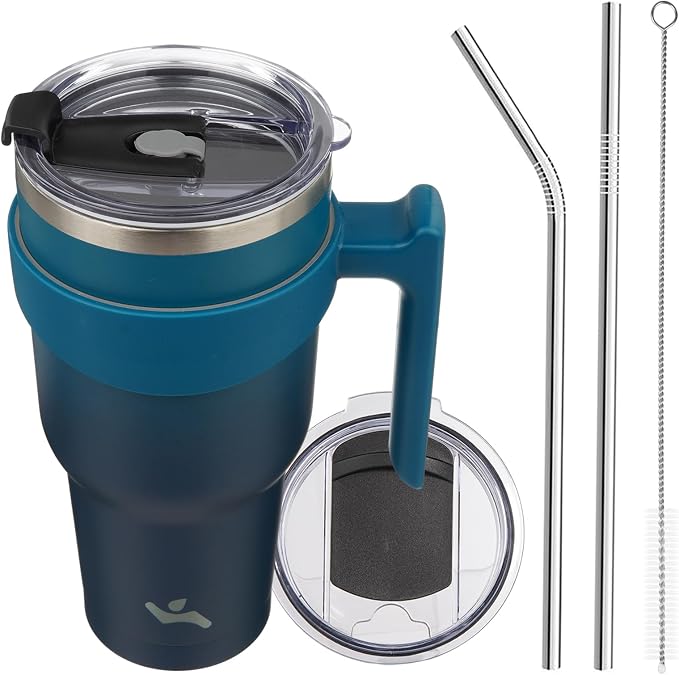 Konokyo 40 oz Tumbler with Handle and Straw, Insulated Travel Mug | Indigo Black; BPA-free, leak-proof tumbler with 2 lids, 2 straws, cup holder fit for coffee, office, travel & daily use
