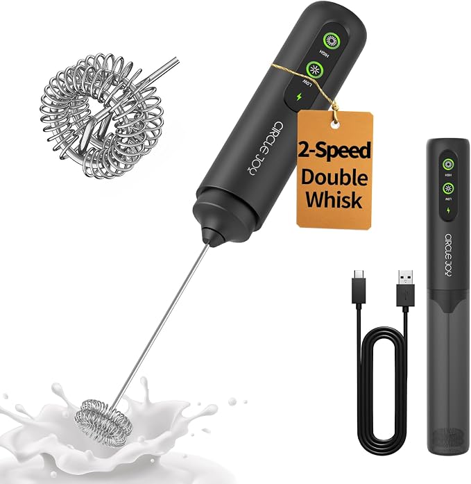 CIRCLE JOY 2-Speed Rechargeable Milk Frother Handheld, Dual Coil Whisk Head Electric Coffee Frother, Portable Hand Frother Wand Drink Mixer for Matcha Lattes Cappuccino, Kitchen Gifts