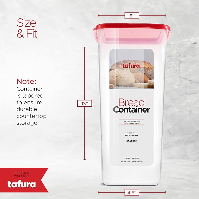 Tafura Bread Containers, 2 Pack, Airtight BPA-Free Bread Boxes, Red Lid | Includes two reusable units to help keep homemade and bakery loaves fresh and neatly organized.