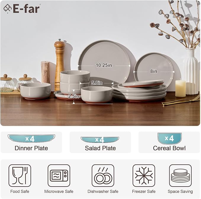 E-far 12-Piece Ceramic Dinnerware Sets, Plates and Bowls Sets for 4, Stoneware Dishware Dishes Set with Terracotta Base, Chip & Scratch Resistant, Microwave & Dishwasher Safe, Speckled Khaki