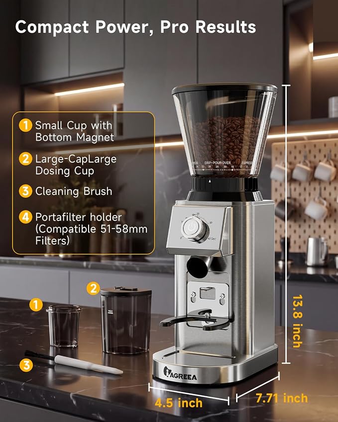 IAGREEA Coffee Grinder for Home Use, Conical Burr Espresso Grinder 48 Grind | 450RPM Low-Speed Anti-Static, Precision Timer For Drip, French Press, Cold Brew, No Mess, Metallic Silver