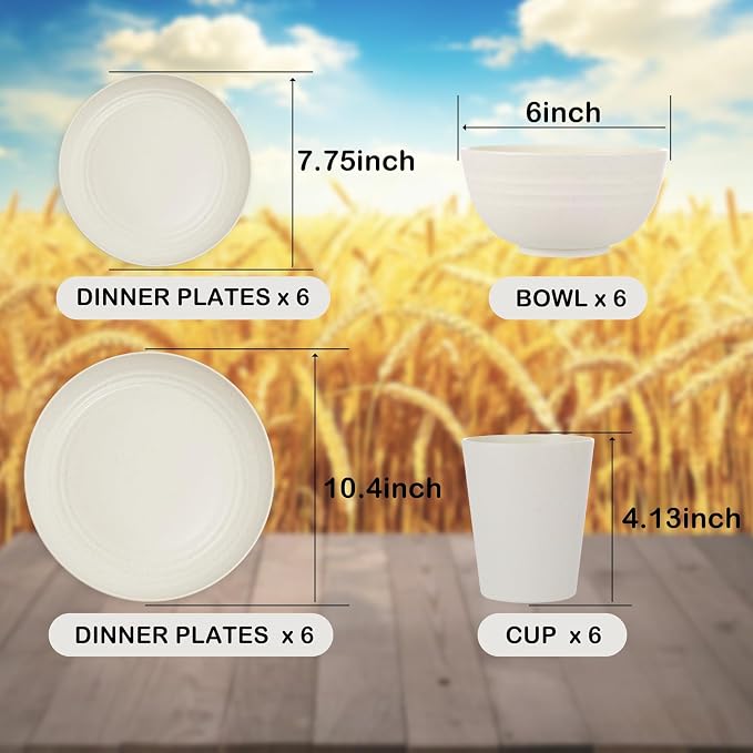 24-Piece Beige Wheat Straw Dinnerware Set Unbreakable Plates | Shatterproof lightweight wheatstraw dishes for RV camping college dorm picnic toddler and everyday family kitchen dining use
