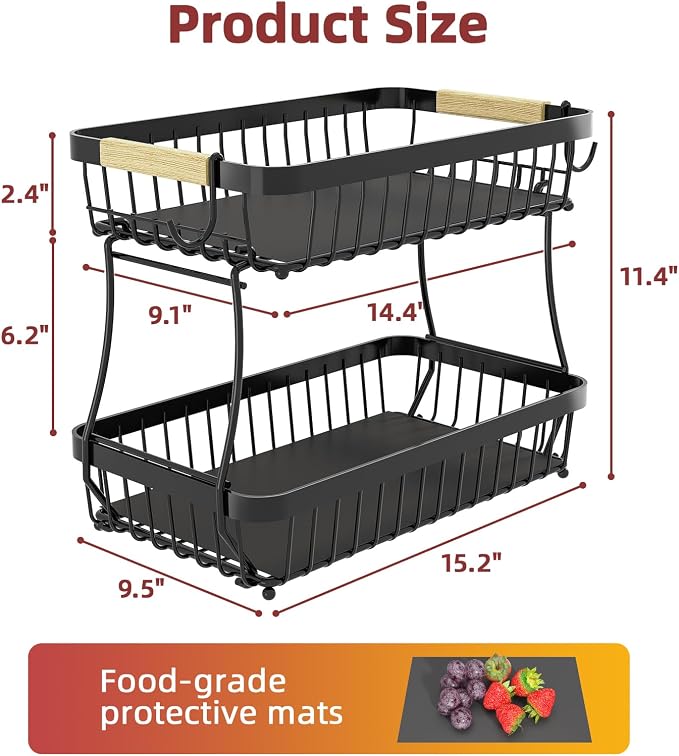 2-Tier Fruit Basket with Banana Hangers, Detachable Metal Bowl | Wooden handle, protective mats included. Versatile holder for bread, snacks, and veggies. Extra Large 2 tier metal design.