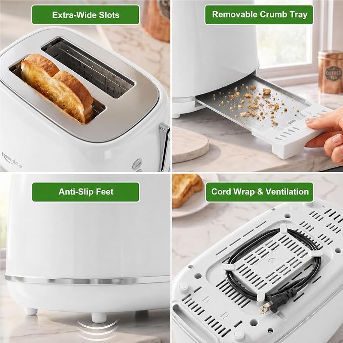 Keenstone 2 Slice Toaster, Retro Stainless Steel Kitchen Essentials, White | Retro Kitchen Decor, 18/8 Food-Grade Steel, 1.5” Slots & 6 Browning Levels, Bagel/ Defrost/ Reheat, Removable Crumb Tray