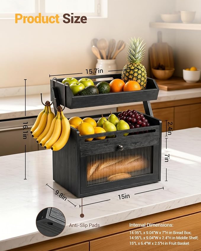 Bread Box for Kitchen Countertop, Bamboo Bread Storage Container with Fruit Basket, Clear Door & Magnetic Closure, Raised-Rail Shelves & 2 Banana Hooks, Farmhouse Pantry Organizer, Black