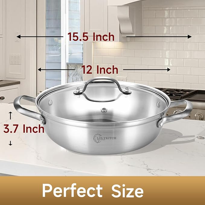 LOLYKITCH 4-Quart Stainless Steel Kadai with Lid | 12-Inch Hotpot Pot | Tri-Ply Stainless Steel Saute Pan | Everyday Pan | Induction Indian Cooking Pan | Dishwasher and Oven Safe | 3-4 Servings