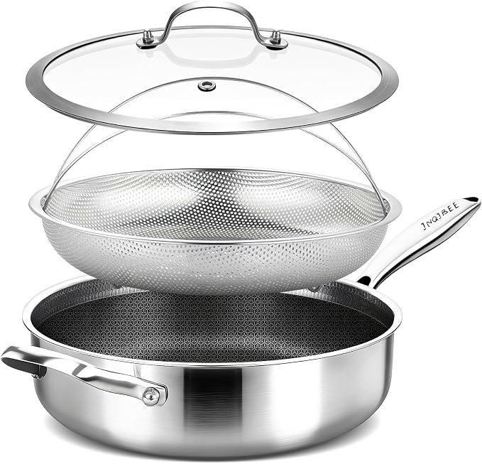 Inqibee 6QT Hybrid Nonstick Stainless Steel Saute Pan with Lid | Honeycomb Tri-ply Stainless Steel Deep Frying Pan, Large Skillet for Sautéing, Frying & Family Meals, Induction Compatible