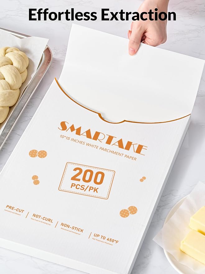 SMARTAKE 200 Pcs White Parchment Paper Sheets, 10x15 Inches, Non-Stick | Pre-Cut Greaseproof Baking Paper, Pure Wood Pulp, Oven Safe up to 450°F, for Cooking, Grilling, Frying, Steaming, Wrapping
