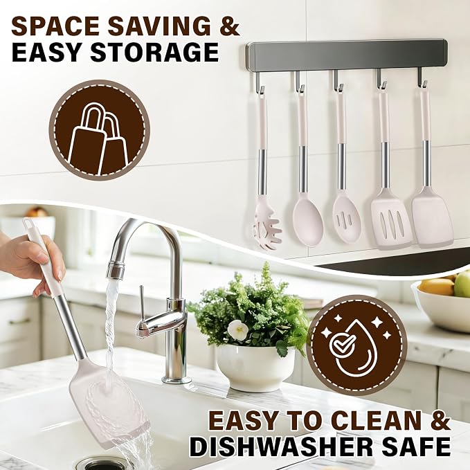 5Pcs Silicone Cooking Utensils Set, Heat Resistant Kitchen Tools Include Solid&Slotted Spatula, Cooking Spoon and Pasta Server, Silicone Kitchen Utensils set for Nonstick Cookware Flipping, Khaki