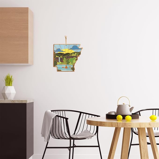 Totally Bamboo Arkansas State Shaped Cutting Board, Summer Stokes Art | State charcuterie board with colorful hand-drawn landscape art. Smooth reverse side for food prep. Hang tie for wall display.