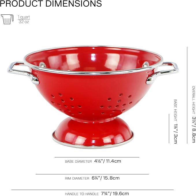 Reston Lloyd, 1 Quart Powder Coated Steel Kitchen Strainer Basket for draining Pasta, Vegetable and Fruit, Chrome Handles and Wide Stable Base, Red