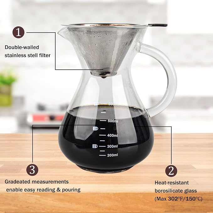 T-mark Pour Over Coffee Maker with Reusable Double-layer Stainless Steel Filter, 600ml/20oz BPA-Free Glass Coffee Carafe, Glass Coffee Maker, Coffee Dripper Brewer | BPA-Free Glass Coffee Carafe, Glass Coffee Maker, Coffee Dripper Brewer