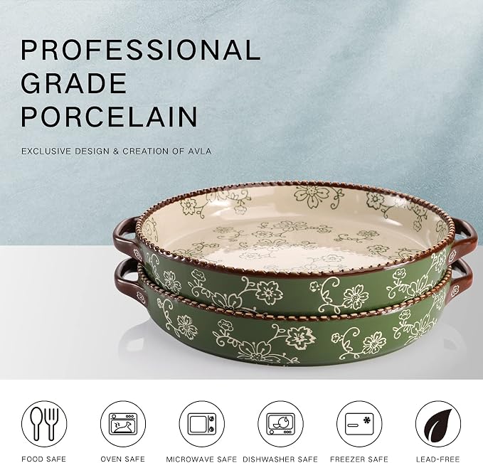 AVLA 2 Pack Ceramic Pie Pan, 9 Inch Round Baking Dish with Double Handle, 28 Ounce Deep Quiche Plates for Kitchen, Cooking, Roasting Lasagna (Sakura, Green)