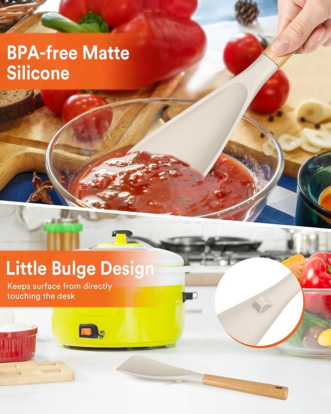 Multifunction Cooking Spoon for Nonstick Cookware,11.4"&13.4",Khaki | Great for Cooking and Serving, Sturdy BPA-Free Matte Silicone, Wood Handle spoonula for Mixing, Scoop, and Scrape