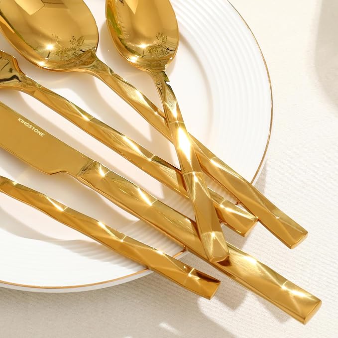 20 Piece 18/10 Gold Silverware Set, Stainless Steel Flatware Cutlery for 4 | KINGSTONE Luxury Silverware with Diamond Cut Pattern, Mirror Polished Utensils for Kitchen, Wedding, Party, Dishwasher Safe