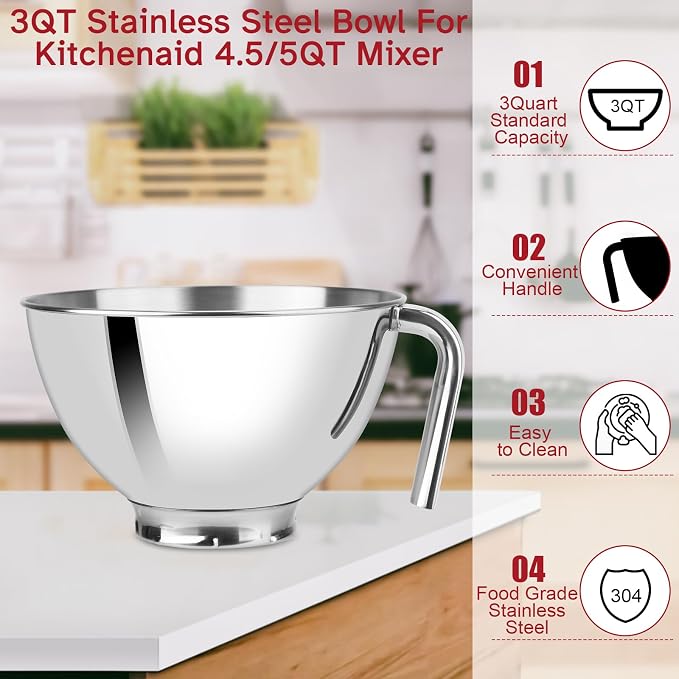3 Quart Stainless Bowl for Kitchen Aid Mixing,Stainless Steel Bowl Compatible with Kitchenaid Mixer 4.5/5QT,Not compatible with KitchenAid Artisan Mini 3.5QT