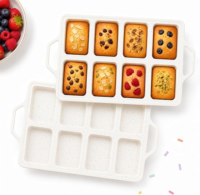 Silicone Mini Loaf Pan 2 Pack with Reinforced Metal Frame 8-Cavity | Non-Stick Baking Mold for Banana Bread, Cornbread & Keto Snacks - Easy Release & Dishwasher Safe, Cream with Color Dots