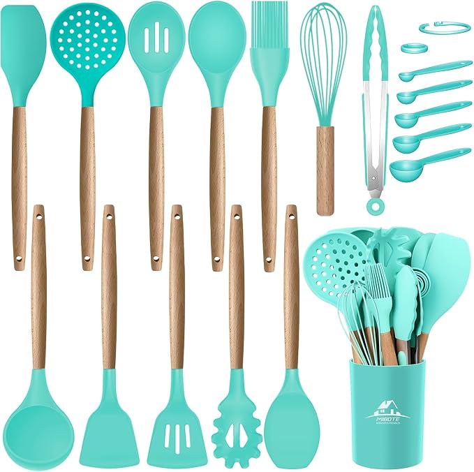 MIBOTE Silicone Cooking Kitchen Utensils Set, Wooden Handle, Teal | BPA-Free, Non-Toxic Silicone Turner, Tongs, Spatula, Spoon Set – Great for Nonstick Cookware, Heat-Resistant, Easy Clean