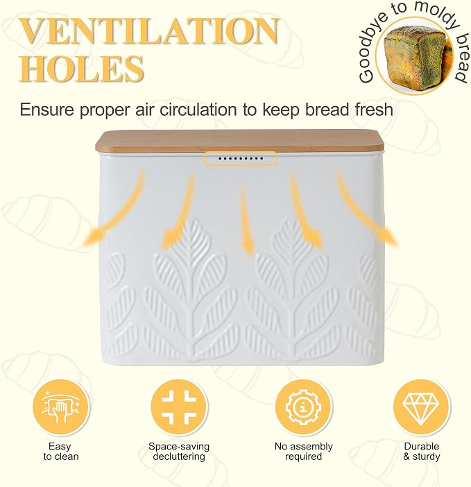 Extra Large Plant Pattern Embossed Bread Box with Bamboo Lid | Corner Breadbox for Homemade Bread, White Metal Bread Storage Container Bin for Kitchen Countertop, Fits 2 Loaves of Bread