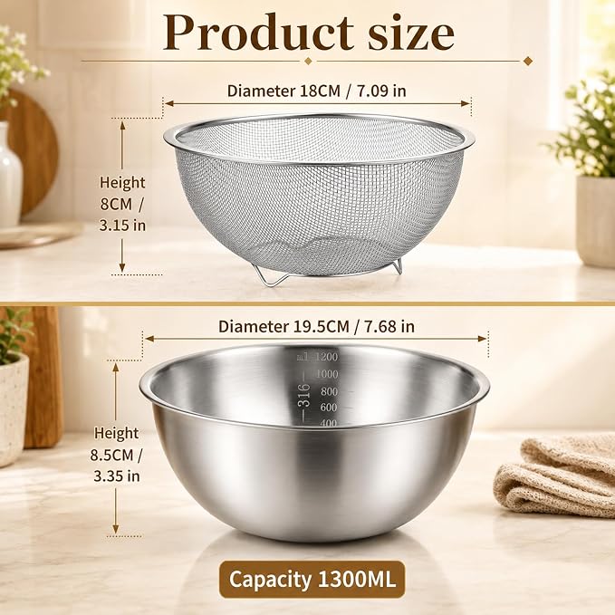 2 Pcs Stainless Steel Kitchen Colander Set Rice Washer Strainer Mixing Bowl | Colander Bowl Set with Microporous, Kitchen Mesh Net Strainer Basket, for Washing Vegetables Fruits Rice Pasta