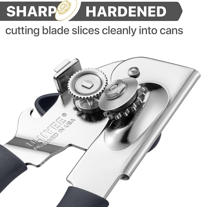 UHIYEE Heavy Duty Hand Can Opener with Comfortable Grip for Seniors, Gray | Manual Can Opener, Hardened Steel Blade, Rubber-Coated Handle, Oversize Knob, Built-in Magnet & Bottle Opener