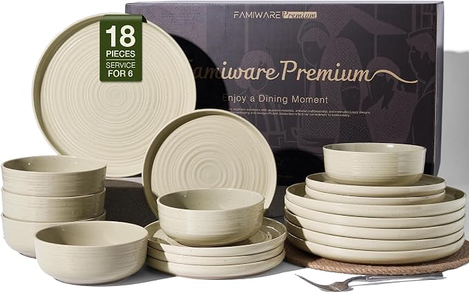 Stoneware Dinnerware Set for 6, White Honey Plates & Bowls | 18-Piece Ceramic Speckled Spiral Dishes, Chip & Scratch Resistant, Microwave & Dishwasher Safe, Everyday Use, Farmhouse Style
