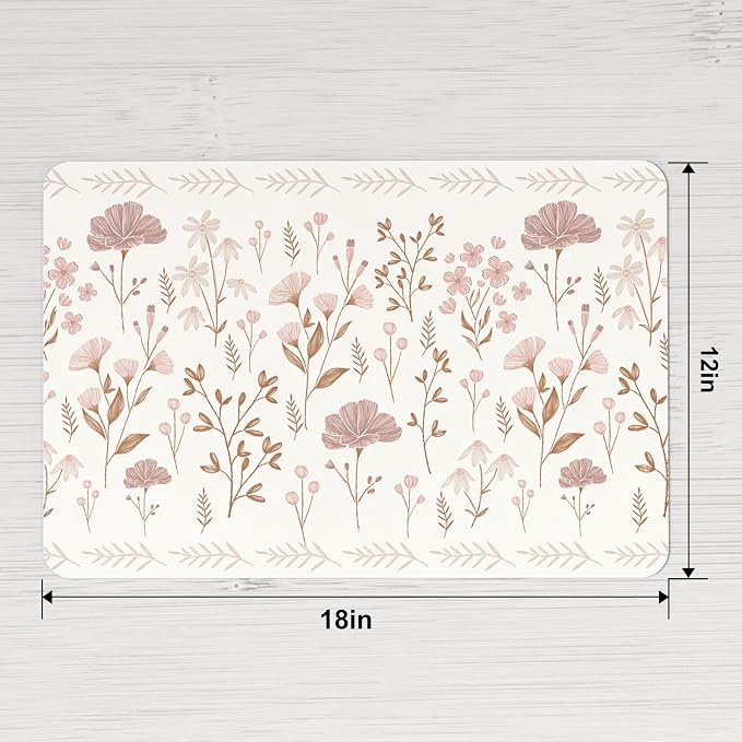 QIYI PU Leather Placemats Set of 6, 12"x18" Waterproof Table Mats, Blush | Faux Leather, Heat Resistant, Anti Slip, Wipeable Place Mats for Kitchen Dinning, Party Table Décor, Pink Flowers