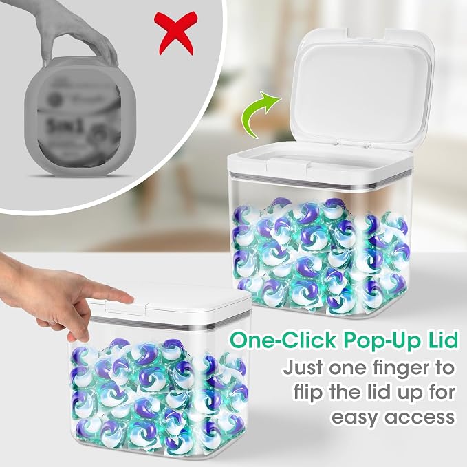 2 Pack Laundry Pods Container with One-Click Pop-up Lid 95 oz + 68 oz | Laundry Room Detergent Storage Containers for Laundry Powder, Scent Booster, Dryer Sheet, Dryer Ball, Dishwasher Pod Holder