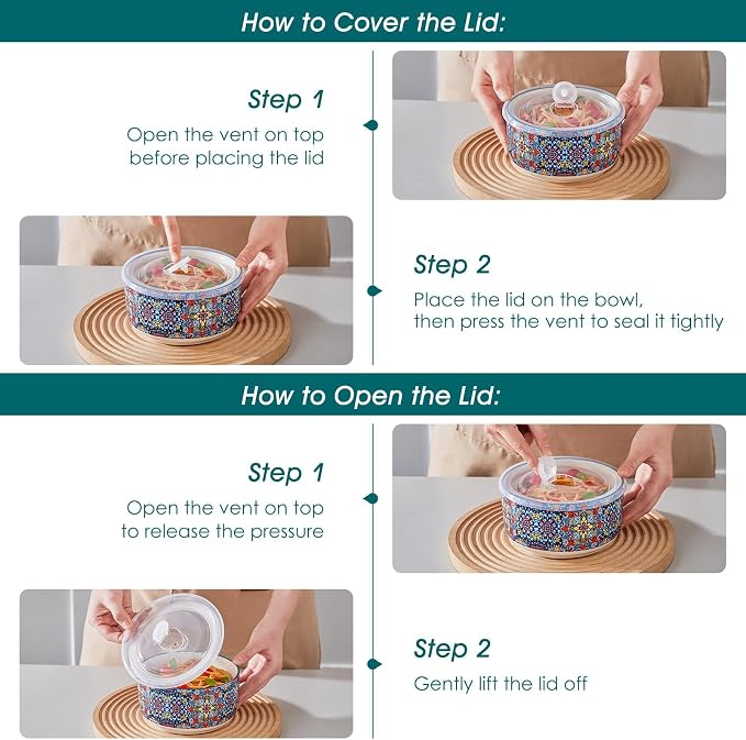 vancasso SIMI 36 oz Ceramic Bowls with Lids Set of 4,Bohemian Serving Bowl | 6 Inch Food Storage Containers Prep Bowls for Leftovers, Soup, Cereal, Meal Prep, Office Lunch, Microwave & Dishwasher Safe