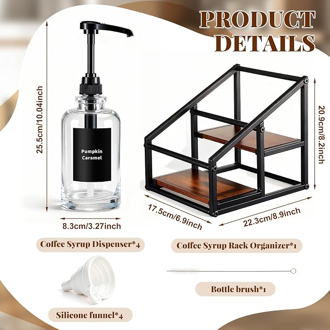 Coffee Bar Accessories, 4 Pack 16.9oz/500ml Coffee Syrup Dispenser with 1/4oz Pump, 2-tier Syrup Rack Organizer, Labels, Straw Brushes, Funnels for Kitchen Countertop, Wine, Dressing Storage