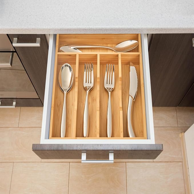 Bamboo Kitchen Drawer Organizer, 8.25 Inch Silverware Utensils Tray Holder for Small Drawer, Wood Caddy for Flatware Cutlery Knives