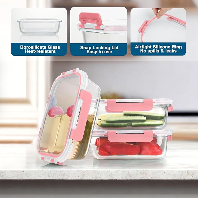 BAYZZ 10 Pack Glass Meal Prep Containers, Glass Food Storage Containers with Lids, Airtight Lunch Box, Freezer,Oven,Microwave and Dishwasher Safe,Pink