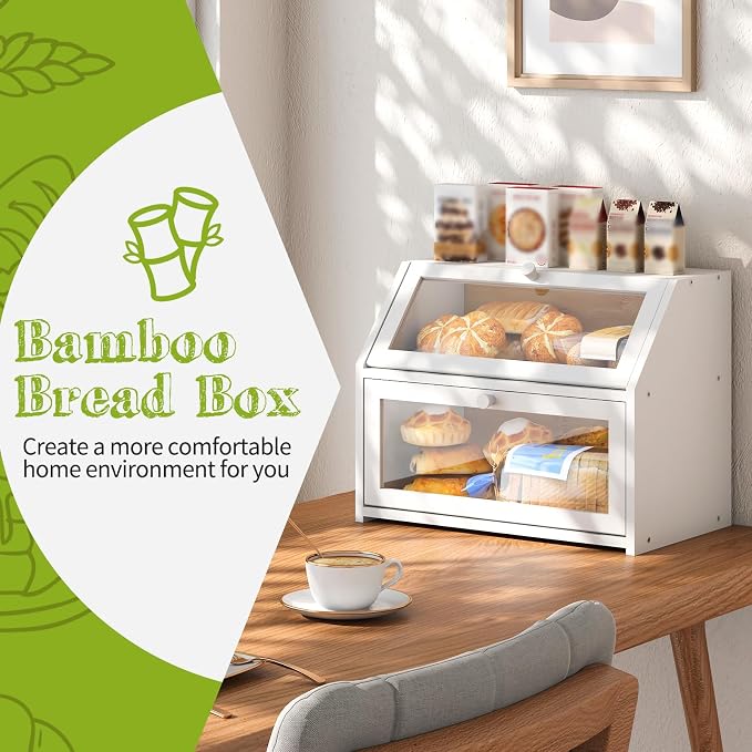 BMOSU Farmhouse Bread Box for Kitchen Countertop Bread box Double Layer Bamboo Wooden Extra Large Capacity Bin Kitchen Food Storage Container(White)
