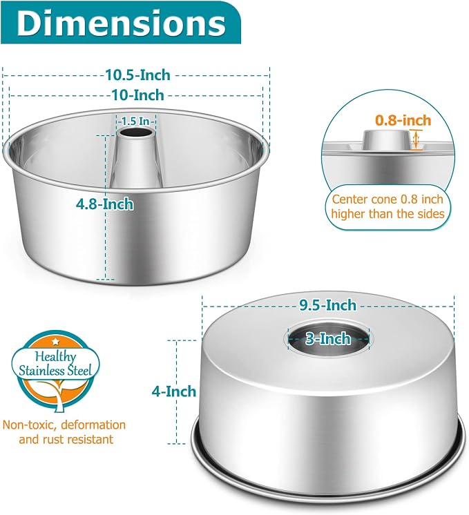 E-far 10-Inch Angel Food Cake Pan, Stainless Steel Tube Pan for Baking | Ideal for Pound Chiffon Cake, One-piece Design & Non-toxic, Dishwasher Safe