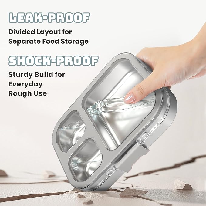 LOHASOK Stainless Steel Bento Lunch Box, 800ml, Grey | 3-Compartment, Leak Proof, Lightweight, Clear Plastic Lid, for Kids Adults, BPA/BPS Free, Dishwasher Safe