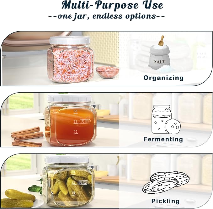 Glass Cookie Jar with Airtight Lid, 2 Pack 64 Oz Canning Jars | Half Gallon Mason Jar Wide Mouth for Food Storage, Flour, Sugar, Pasta, Sourdough - Square Glass Storage Container with Scale
