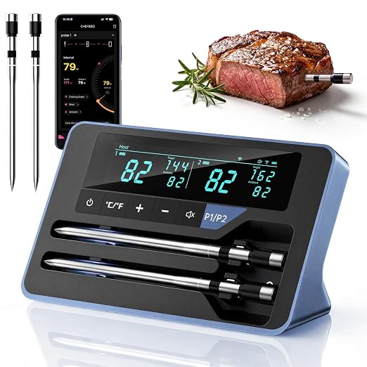 Bluetooth Wireless Meat Thermometer Digital for BBQ Oven Smoker Grill | 800FT Food Thermometer for Cooking with Standalone Base, 2 Meat Probes with Dual Sensors, NIST Certified Accuracy