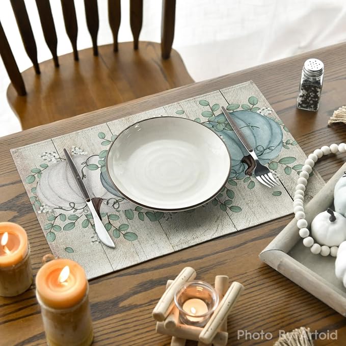 Artoid Mode Wood Pumpkins Leaves Fall Placemats Set of 4-12 x 18 Inch | Heat-Resistant Table Mats, Washable Seasonal Autumn Kitchen Dining Decor