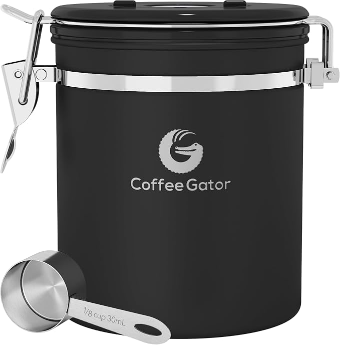 Coffee Gator Coffee Canister, 16oz Airtight Stainless Steel Container | w/ Date Tracker, Scoop, Kitchen Food Storage Jars for Beans , Ground, Rice, Tea, Sugar, Cookie, Bar Accessories, Black