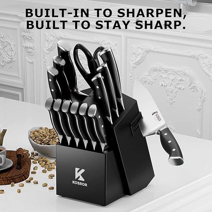 Kitchen Knife Set with Block & Dual Sharpener 15pc German Steel | Black full-tang ergo handle，For beginners. Dishwasher safe,easy to use，Covers 95% kitchen tasks，Gift box included