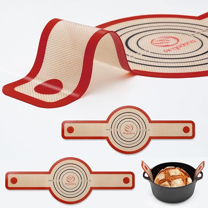 Silicone Bread Sling Dutch Oven - Best Japan Silicone. Non-Stick & Easy Clean Reusable Bread Baking Mat. With Extra Long Handles Bread Baking Sheet Liner, 2 Brown Set for Transferable Dough