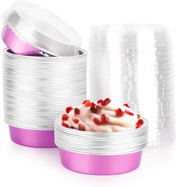 Beasea Mini Pie Pans with Lids, 4 Inch 50 Pack Disposable Mini Pie Tins Tart Pans, 8 Oz Pink Aluminum Tart Tins Mold Round Oven Baking Cups Small Cake Pan for Cheesecake Quiche