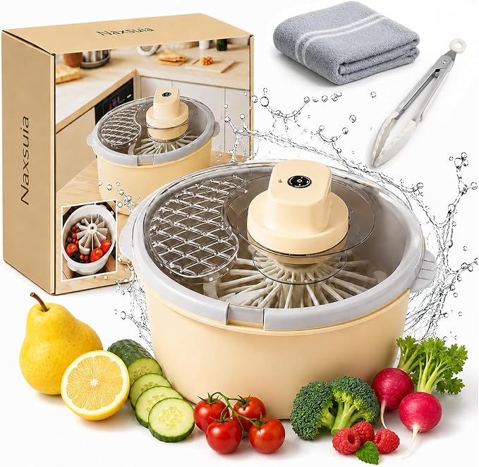 Electric Fruit Washer Spinner Bowl, Automatic Produce Cleaner Spinner | 360° Rotating Inner Basket Separates Water Quickly, Fruit and Vegetable Washer for Berries & Salad Greens Kitchen Preparation