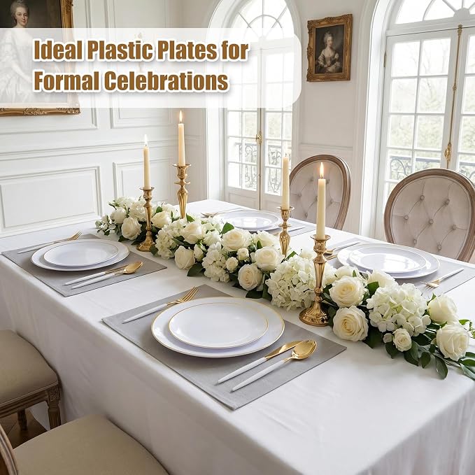 DaYammi 150Pcs Gold Plastic Plates with Disposable Silverware,White Gold Disposable Dinnerware Set - 30 Dinner Plate,30 Dessert Plate,90 Gold Cutlery with White Handles,Fancy Plates for Party Wedding
