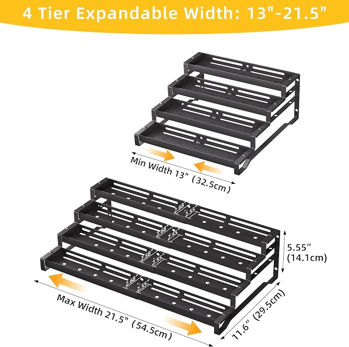 Spice Rack Organizer for Cabinet, 13-21.5" Expandable Spicy Shelf | 11.6" Depth 4-Tier Black Metal Seasoning Organizer, Kitchen Spice Organization, Slip-Resistant Guardrails for Jars and Cans