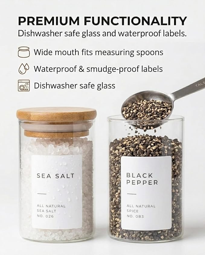 Glass Spice Jars with Label Pack (12x Bamboo Lid Glass Jar) Small 6oz Empty Spice Storage Bottles with 112 Printed Stickers and 48 Writable Pantry Labels for Seasoning Containers