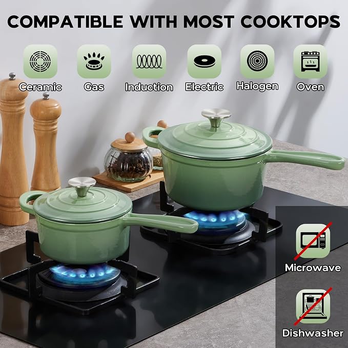 Onader Enameled Cast Iron Saucepan Set, 1 Quart & 2 Quart Sauce Pan with Lid, Small Cast Iron Pot for Cooking, Enamel Dutch Oven Nonstick & Heavy Duty – Pistachio Green