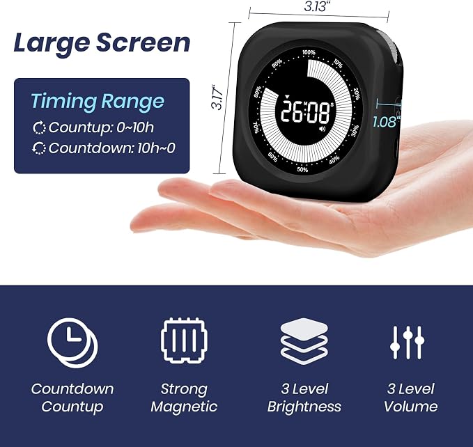 PERSUPER Visual Timer for Kids, Rechargeable 10-Hour Count Up/Down Timer | with 3 Brightness Display, 3 Volume Levels and Magnetic, Homeschool Study Tool, Large Digital Timers for Kitchen, Classroom